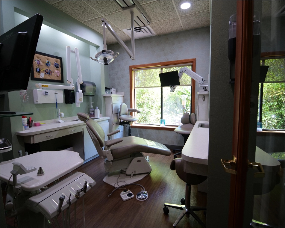 Sutton Dentistry Modern dental treatment room with a beige dental chair, wooden flooring, and a large window providing natural light. The room includes dental equipment, a countertop with supplies, and mounted monitors.